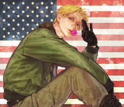  1boy a_k_i america_(hetalia) american_flag axis_powers_hetalia black_gloves black_jacket blonde_hair blue_eyes bomber_jacket boots brown_pants candy commentary_request flag flag_background food from_side fur-trimmed_jacket fur_trim glasses gloves green_jacket holding holding_candy holding_food holding_lollipop jacket lips lollipop long_sleeves looking_at_viewer male_focus military_jacket multicolored_background multicolored_clothes multicolored_jacket nose pants pants_tucked_in parted_lips realistic rimless_eyewear short_hair sitting solo star_(symbol) turning_head two-tone_jacket uniform united_states 