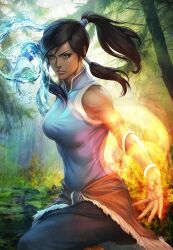  avatar_legends bare_shoulders blue_eyes brown_hair commentary dark-skinned_female dark_skin element_bending english_commentary eyelashes female fingernails fire hair_tubes korra lips long_hair md5_mismatch photoshop_(medium) ponytail solo stanley_lau the_legend_of_korra topknot tree vambraces water 