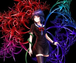  alternate_wings ascot bad_id bad_pixiv_id black_background black_dress black_hair breasts dress eno_(whiskeyne) female fractal houjuu_nue medium_breasts red_eyes short_hair simple_background solo thighhighs touhou wings wristband zettai_ryouiki 