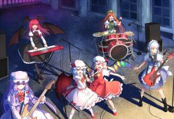  6+girls :d ascot back_bow band bat_wings black_footwear blonde_hair blue_hair boots bow braid brown_hair capelet closed_mouth commentary crescent crescent_hat_ornament dress drum drum_set drumsticks electric_guitar fender_stratocaster flandre_scarlet full_body green_headwear greetload guitar hat hat_ornament hat_ribbon head_wings holding holding_drumsticks holding_microphone hong_meiling instrument izayoi_sakuya keyboard_(instrument) koakuma long_hair maid maid_headdress mary_janes microphone microphone_stand mob_cap multicolored_wings multiple_girls music open_mouth outdoors outstretched_arms pantyhose patchouli_knowledge piano pink_headwear puffy_short_sleeves puffy_sleeves purple_eyes purple_hair red_eyes red_footwear red_hair red_ribbon red_skirt red_vest remilia_scarlet ribbon shadow shirt shoes short_sleeves singing skirt skirt_set smile standing star_(symbol) star_hat_ornament touhou twin_braids vest white_bow white_hair white_headwear white_shirt wings wrist_cuffs yellow_ascot 