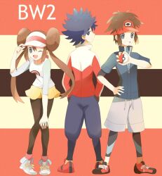  2boys :d ;d bad_id bad_pixiv_id double_bun grin hand_on_headwear hand_up hat holding hue_(pokemon) kyouhei_(pokemon) leaning_forward long_hair mei_(maysroom) mei_(pokemon) multiple_boys one_eye_closed open_mouth pantyhose poke_ball pokemon pokemon_(game) pokemon_bw2 raglan_sleeves shoes shorts smile visor_cap 