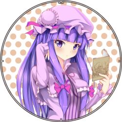  blunt_bangs blush book capelet commentary_request female flower hair_flip hair_flower hair_ornament hat long_hair looking_at_viewer maki_(makidai2024) patchouli_knowledge purple_eyes purple_hair sidelocks solo touhou upper_body very_long_hair 