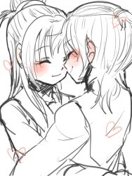  2girls azuma_yukihiko bad_id bad_pixiv_id blush closed_eyes commentary_request couple futari_wa_precure_splash_star half_updo heart hug hyuuga_saki mishou_mai monochrome multiple_girls precure short_hair smile very_short_hair yuri 