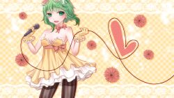  bow commentary_request dress eyewear_on_head female gloves green_eyes green_hair gumi highres looking_at_viewer microphone open_mouth pantyhose short_hair smile solo striped_clothes striped_pantyhose vertical-striped_clothes vertical-striped_pantyhose vocaloid yayoi_(egoistic_realism) 