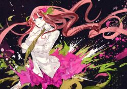  black_background blue_eyes breasts colored_skin commentary_request female flower hair_flower hair_ornament kunimura_hakushi large_breasts leia_(vocaloid) lipstick long_hair long_sleeves looking_at_viewer makeup megurine_luka necktie paint_splatter pantyhose pink_hair shirt skirt solo striped_clothes striped_necktie striped_pantyhose vertical-striped_clothes vertical-striped_pantyhose very_long_hair vocaloid white_shirt white_skin 