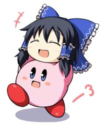  alternate_color black_hair blue_eyes bow carrying_overhead closed_eyes commentary_request female hair_tubes hairbow hakurei_reimu kirby kirby_(series) mochizuki_ado open_mouth player_2 smile touhou yukkuri_shiteitte_ne 