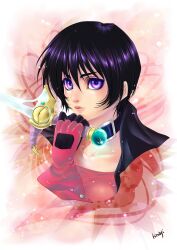  bad_id bad_pixiv_id black_choker black_hair choker female gloves highres lips pink_background purple_eyes rutee_katrea short_hair solo sword tales_of_(series) tales_of_destiny usui_hinagi very_short_hair weapon 