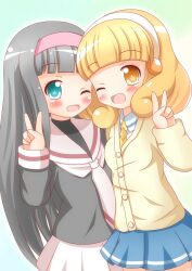  2girls ;d black_hair blonde_hair blue_eyes cardcaptor_sakura commentary_request crossover daidouji_tomoyo hairband highres long_hair multiple_girls one_eye_closed open_mouth precure school_uniform serafuku short_hair smile smile_precure tomoeda_elementary_school_uniform v xenon_(for_achieve) yayoi_kise yellow_eyes 