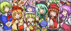  &gt;_&lt; 6+girls :d :p aki_minoriko aki_shizuha ascot bad_id bad_pixiv_id bakebake_(touhou) blonde_hair blush brown_hair closed_eyes column_lineup commentary_request dragon eating evil_eye_sigma eyeball flandre_scarlet food food-themed_clothes food_on_face fruit grapes green_hair hair_ribbon hat head_out_of_frame heart highres komeiji_koishi leaf long_hair long_sleeves looking_up lyrica_prismriver maid maid_headdress mugetsu_(touhou) multiple_girls musical_note neck_ribbon oerba_yun_fang on_head one_eye_closed open_mouth ototobe ponytail profile purple_eyes purple_hair remilia_scarlet ribbon short_hair siblings side_ponytail sisters smile star_(symbol) sword third_eye tongue tongue_out touhou touhou_(pc-98) trait_connection v watatsuki_no_yorihime weapon wide_sleeves wings yellow_eyes yukkuri_shiteitte_ne 