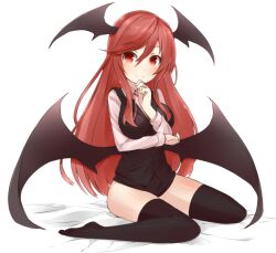  bad_id bad_pixiv_id bat_wings bed_sheet black_thighhighs bottomless breasts dress_shirt female hand_on_own_chin head_wings koakuma large_breasts long_hair long_sleeves looking_at_viewer low_wings muttan_(ashiru-f) red_eyes red_hair shirt simple_background sitting skirt skirt_set smile solo thighhighs touhou very_long_hair vest wariza white_background wings 