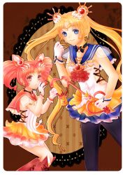  2girls adapted_costume artist_name bad_id bad_pixiv_id bishoujo_senshi_sailor_moon bishoujo_senshi_sailor_moon_supers black_choker black_legwear blonde_hair blue_eyes blue_sailor_collar boots chibi_usa choker cone_hair_bun crescent cross-laced_footwear crystal_carillon double_bun earrings emiko_tion gloves hair_bun hair_ornament hairpin holding holding_wand jewelry kaleidomoon_scope lace-up_boots long_hair magical_girl multiple_girls pantyhose pink_hair pink_sailor_collar red_eyes red_footwear sailor_chibi_moon sailor_collar sailor_moon sailor_senshi sailor_senshi_uniform short_hair smile super_sailor_chibi_moon super_sailor_moon tiara tsukino_usagi twintails wand white_gloves 