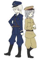  2girls alternate_costume boots eila_ilmatar_juutilainen finland hat military military_uniform multiple_girls peaked_cap russia sanya_v_litvyak soviet strike_witches uniform world_war_ii wwii 