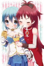  2girls blue_eyes blue_hair blush closed_eyes commentary_request crepe food highres long_hair mahou_shoujo_madoka_magica mahou_shoujo_madoka_magica_(anime) miki_sayaka multiple_girls photoshop_(medium) pocky red_hair sakura_kyoko takoyaki tottsuan 