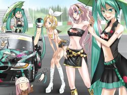  &gt;_&lt; ._. 5girls :3 :d adapted_costume animal_ears animal_hat aqua_eyes aqua_hair bandeau bare_shoulders belt blue_eyes blush bmw bmw_z4 boots breasts car cat_ears cat_hat chibi cleavage closed_eyes collarbone commentary_request crop_top day flat_chest goodsmile_company goodsmile_racing hachune_miku hair_ornament hair_ribbon hairclip hat hatsune_miku headphones headset high_heel_boots high_heels holding holding_umbrella itasha kagamine_len kagamine_rin leaning_forward long_hair megurine_luka megurine_luka_(toeto) midriff motor_vehicle multiple_girls navel number_tattoo o_o open_clothes open_mouth outdoors pink_hair pylori_kin_no_uta_(vocaloid) race_queen race_vehicle racecar racing_miku racing_miku_(2009) ribbon shoes short_hair short_shorts shorts shoulder_tattoo side_slit skinny skirt smile sports_car stomach strapless super_gt tank_top tattoo thigh_boots thighhighs tk28 toeto_(vocaloid) tube_top twintails umbrella v-shaped_eyebrows very_long_hair vest vocaloid xd 