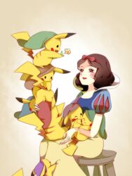  beanie black_hair blush clothed_pokemon commentary_request cosplay disney dress female flower hairband hat holding izusetsu pikachu pokemon pokemon_(creature) red_eyes short_hair sitting smile snow_white_(disney) snow_white_and_the_seven_dwarfs too_many too_many_pikachu 