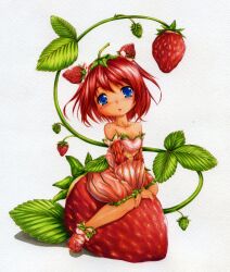  blue_eyes blush breasts cleavage commentary_request detached_sleeves dress fairy female food food-themed_clothes fruit highres mini_person minigirl original oversized_object personification red_dress red_hair red_theme shoes silvessterio sitting skirt small_breasts solo strawberry 