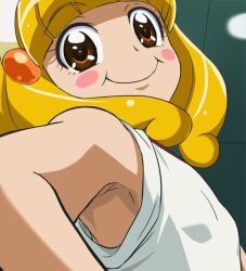  armpits bare_shoulders blonde_hair blunt_bangs blush_stickers brown_eyes ceiling female flat_chest foreshortening hairband hands_on_own_hips haruyama_kazunori lights looking_at_viewer looking_back precure profile short_hair smile smile_precure solo upper_body white_hairband yayoi_kise 