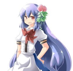  blue_hair bow commentary commentary_request female food frills fruit hinanawi_tenshi hinghoi leaf long_hair open_mouth peach red_eyes short_sleeves simple_background smile solo touhou very_long_hair 