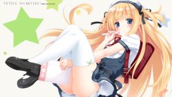  backpack bag blonde_hair blue_eyes blush commentary_request drawing_tablet female hat highres holding kani_biimu long_hair mary_janes no_panties original pencil randoseru school_bag school_uniform shimotsuki_potofu shoes solo star_(symbol) stylus thighhighs translated two_side_up white_thighhighs 