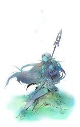  armor armored_dress bare_shoulders commentary_request cordelia_(fire_emblem) elbow_gloves feet female fire_emblem fire_emblem_awakening full_body gloves grass hair_ornament highres long_hair looking_up manac no_shoes photoshop_(medium) polearm simple_background sitting skirt spear toeless_legwear tree_stump weapon 