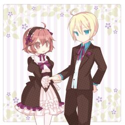  1boy ahoge blonde_hair blue_eyes bokujou_monogatari bokujou_monogatari:_waku_waku_animal_march brown_eyes brown_hair commentary_request couple female gill_(bokujou_monogatari) gothic_lolita hairband hikari_(bokujou_monogatari) holding_hands lolita_fashion lolita_hairband nocana photoshop_(medium) straight 