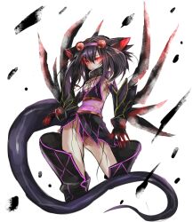  black_hair commentary_request female gauntlets glowing glowing_eyes hat monster_hunter_(series) nargacuga personification red_eyes short_hair solo tail umitsuki 