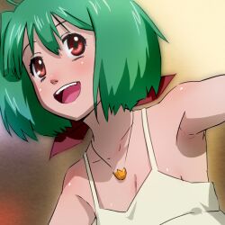  armpit_stubble armpits blush female green_hair haruyama_kazunori jewelry macross macross_frontier necklace ranka_lee red_eyes short_hair solo 