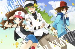  2boys baseball_cap blue_eyes brown_eyes brown_hair denim denim_shorts female green_eyes green_hair hat hilbert_(pokemon) hilda_(pokemon) jacket kurot long_hair multiple_boys n_(pokemon) pokemon pokemon_bw ponytail shorts smile vest wristband 