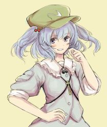  bad_id bad_pixiv_id blue_eyes blue_hair blush_stickers female grin hair_bobbles hair_ornament hand_on_own_hip hat kawashiro_nitori key shirt skirt skirt_set sleeves_rolled_up smile solo touhou tsukiori two_side_up 