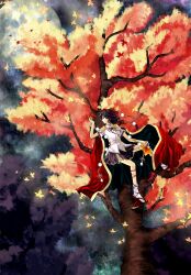  autumn black_hair cape cilo commentary_request female full_moon geta hat highres leaf looking_away moon red_eyes shameimaru_aya smile solo tengu-geta tokin_hat touhou tree 