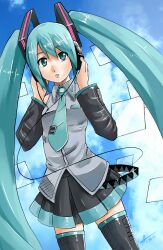  aqua_eyes aqua_hair commentary_request female hands_on_headphones hatsune_miku headphones headset highres long_hair microphone parted_lips robert_knight solo thighhighs twintails vocaloid 