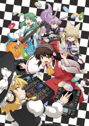  5girls animal_ears blazer blonde_hair blush bow braid brown_hair cd closed_eyes commentary_request detached_sleeves dj earmuffs frog_hair_ornament green_hair guitar hair_ornament hair_tubes hairbow hakurei_reimu hands_on_headphones haniwa_(leaf_garden) hat headphones instrument jacket keyboard_(instrument) kirisame_marisa kochiya_sanae long_hair multiple_girls necktie nontraditional_miko open_mouth photoshop_(medium) purple_hair rabbit_ears red_eyes reisen_udongein_inaba short_hair single_braid skirt smile snake sword touhou toyosatomimi_no_miko turntable weapon witch_hat yellow_eyes 