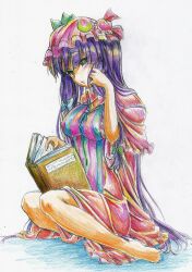  bad_hands bad_id bad_pixiv_id bare_legs barefoot book bow colored_pencil_(medium) female flower hair_flower hair_ornament hairbow hat highres kitazinger long_hair patchouli_knowledge purple_eyes reading solo toe_scrunch touhou traditional_media very_long_hair yellow_eyes 