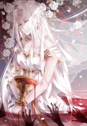  alcohol bad_id bad_pixiv_id chalice closed_eyes cup dress fate/zero fate_(series) female flower hands holy_grail_(fate) instocklee irisviel_von_einzbern irisviel_von_einzbern_(angel&#039;s_song) long_hair nail_polish rose smile spill veil white_flower white_hair white_rose wine 