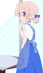  agenasu apron blue_bow blush bow checkered commentary_request female glasses hair_bun hairbow jpeg_artifacts long_skirt looking_at_viewer lucky_star pink_hair plaid purple_eyes single_hair_bun skirt smile solo takara_miyuki 