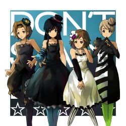  4girls akiyama_mio aqua_pantyhose black_hair black_pantyhose blonde_hair blue_eyes brown_eyes brown_hair commentary_request don&#039;t_say_&quot;lazy&quot; dress fingerless_gloves gloves green_legwear hair_ornament hat hirasawa_yui k-on! kotobuki_tsumugi looking_at_viewer multiple_girls pantyhose photoshop_(medium) short_hair striped_clothes striped_pantyhose tainaka_ritsu top_hat vertical-striped_clothes vertical-striped_pantyhose zsq543 