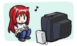  :&gt; aozaki_aoko blush_stickers chibi controller female game_console game_controller jonathan_kim long_hair lowres melty_blood musical_note playing_games red_hair sitting solo television tsukihime wii wii_remote |_| 