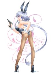  :d animal_ears ass back-seamed_legwear blue_eyes blush bow bowtie commentary_request female full_body grey_hair gun hand_on_own_hip handgun heterochromia high_heels lavolpe_(yagisaka_seto) legs long_hair looking_back oerba_yun_fang open_mouth original pantyhose playboy_bunny purple_eyes rabbit_ears rabbit_tail seamed_legwear shoes sidelocks simple_background smile solo tail very_long_hair weapon white_background wrist_cuffs yagisaka_seto 