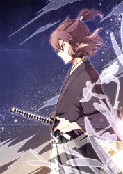  1boy black_hakama brown_eyes brown_hair commentary_request daqshu fusion hakama hakama_skirt inazuma_eleven_(series) inazuma_eleven_go inazuma_eleven_go_chrono_stone japanese_clothes katana long_hair male_focus profile shindou_takuto shindou_takuto_(mixi_max_oda_nobunaga) skirt solo sword weapon 