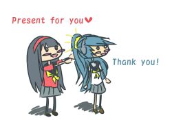  2girls amagi_yukiko android aqua_hair bad_id bad_pixiv_id black_hair blue_hair e_so_ra hairband labrys_(persona) long_hair multiple_girls pantyhose persona persona_4 persona_4:_the_ultimate_in_mayonaka_arena school_uniform 