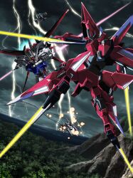  aegis_gundam aircraft airplane archangel_(gundam) artist_request battle energy_sword gundam gundam_seed lightning mecha no_humans official_art reverse_grip robot skygrasper strike_gundam sword weapon 