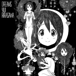  album_cover_redraw commentary_request cover derivative_work female gabor_szabo greyscale hair_ornament hairclip heart hirasawa_yui k-on! monochrome nude parody richard_crazyman smile 