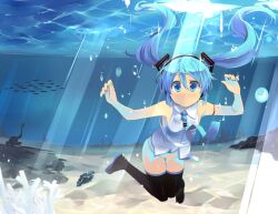  blue_eyes blue_hair boots female fish freediving hatsune_miku long_hair looking_at_viewer megurine_luka nail_polish necktie panties shin_(new) skirt solo swimming takoluka thigh_boots thighhighs twintails underwater underwear unworn_skirt vocaloid 