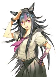  :d asymmetrical_bangs black_bracelet black_gloves black_hair black_skirt blue_hair bracelet cheek_piercing collar commentary_request danganronpa_(series) danganronpa_2:_goodbye_despair female fingerless_gloves gloves gradient_hair hair_horns hand_on_own_hip horns jewelry kokutan_kitsunen long_hair messy_hair mioda_ibuki mouth_piercing multicolored_hair neckerchief oni_horns photoshop_(medium) piercing pink_hair pleated_skirt purple_eyes purple_gloves purple_neckerchief sailor sailor_collar salute school_uniform serafuku shirt sidelocks sideways_glance simple_background single_fingerless_glove single_glove skirt smile solo spiked_hair striped_clothes striped_gloves striped_sleeves teeth torn_clothes torn_gloves white_background white_hair white_shirt 