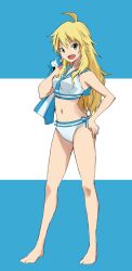  ahoge bad_feet barefoot bikini blonde_hair blush breasts commentary_request female green_eyes highres hoshii_miki idolmaster idolmaster_(classic) long_hair matsuse_daichi medium_breasts open_mouth sailor_bikini sailor_collar sailor_swimsuit_(idolmaster) smile solo swimsuit white_bikini 