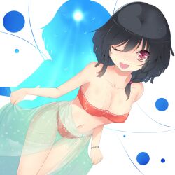  ;d aqua_sarong bad_id bad_pixiv_id bandeau bikini black_hair bracelet braid breasts cleavage commentary female holding jewelry looking_at_viewer medium_breasts navel one_eye_closed open_mouth original print_sarong red_bikini red_eyes sarong see-through see-through_sarong short_hair single_braid skindentation smile solo sts swimsuit thigh_gap 