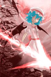  bat_(animal) bat_wings blue_hair commentary_request female full_moon grin hat highres light_trail moon nobamo_pieruda red_eyes red_moon remilia_scarlet short_hair skirt slit_pupils smile solo spear_the_gungnir touhou wings wrist_cuffs 