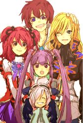  2girls 3boys ahoge asbel_lhant belt black_eyes blonde_hair bodysuit capelet cheria_barnes closed_eyes coat cravat elbow_gloves frills gloves grin hair_over_one_eye hairband heterochromia lambda long_hair multiple_boys multiple_girls open_mouth pants pink_hair purple_eyes purple_hair red_hair ribbon richard_(tales_of_graces) short_hair skirt smile sophie_(tales) sophie_(tales_of_graces) tales_of_(series) tales_of_graces twintails wink 