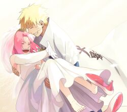  barefoot blonde_hair carry carrying couple dress feet hokage naruto oba_min pink_hair princess sakura_haruno uzumaki_naruto wedding 