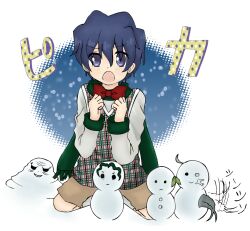  1boy aged_down bad_id bad_pixiv_id blue_eyes blue_hair crest_worm fate/zero fate_(series) looking_at_viewer male_focus matou_byakuya matou_kariya matou_sakura matou_shinji matou_zouken ribbon scarf snow snowman solo vest ximsol182 